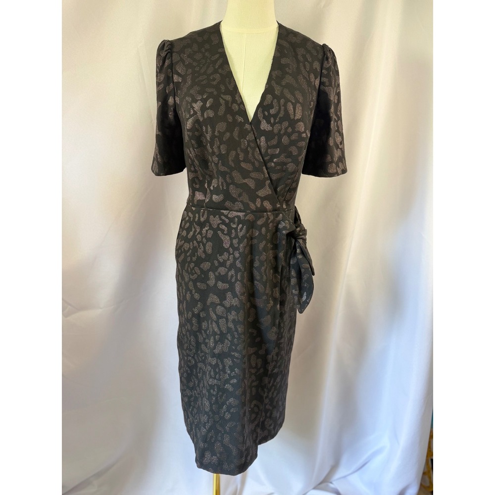 Glam Alex Marie Women Black Bronze Metallic Leopard Wrap Dress V Neck Midi Sz 8‎